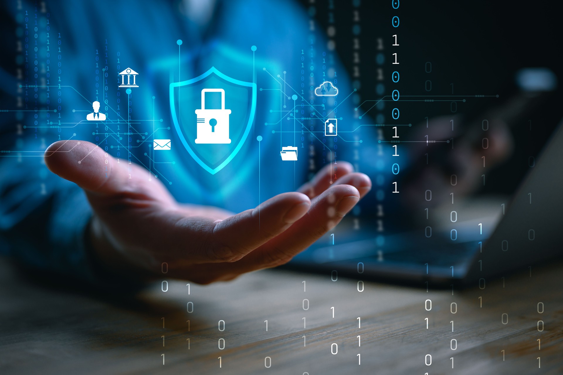 Cybersecurity and privacy concepts to protect data. Lock icon and internet network security technology. Businessman protecting personal data on smartphone, virtual screen interfaces. cyber security.